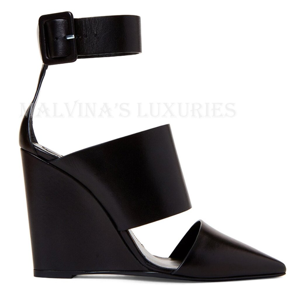 ROBERTO CAVALLI SHOES BLACK LEATHER POINTED TOE WEDGE PUMPS sz IT 39 US 9
